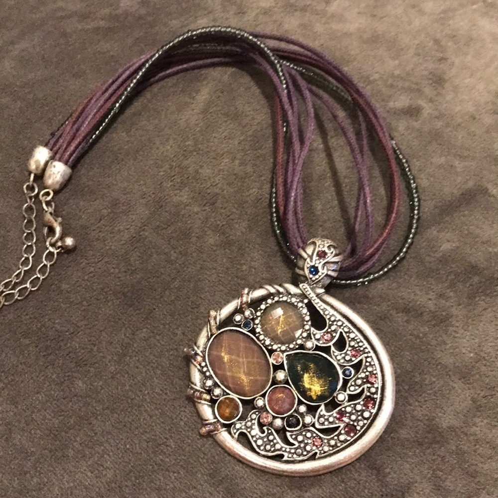 Boho Silver Statement Pendant Necklace Multi-Strand Purple Cord Earth Tones - Picture 5 of 6